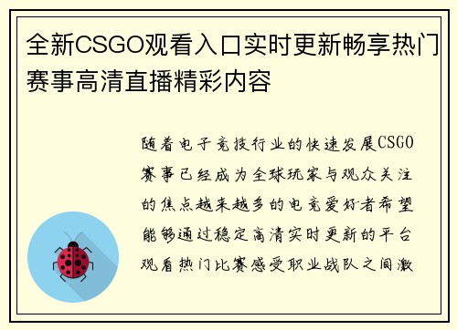 全新CSGO观看入口实时更新畅享热门赛事高清直播精彩内容