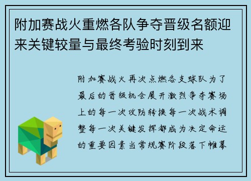 附加赛战火重燃各队争夺晋级名额迎来关键较量与最终考验时刻到来 附加赛战火重燃各队争夺晋级名额迎来关键较量与最终考验时刻到来